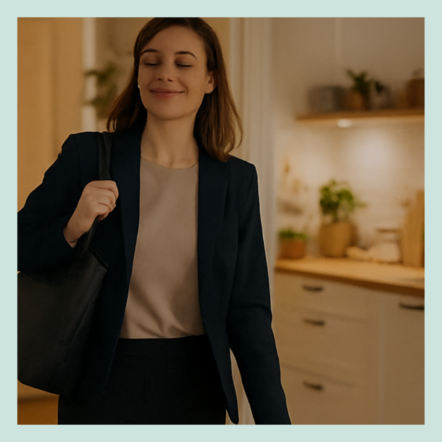 Businessfrau betritt Küche zu Hause quadratisches Format