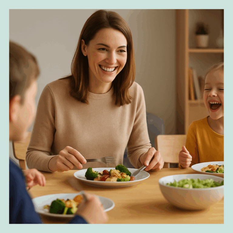 Mutter mit 2 Kindern am Tisch quadratisches Format