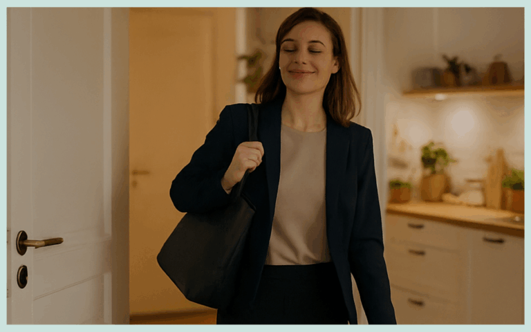 Businessfrau betritt Küche zu Hause rechteckig Format