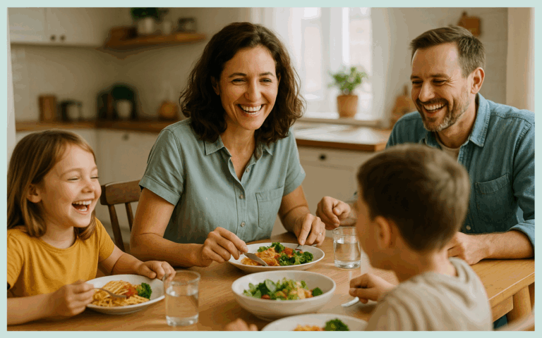 Mutter+ Vater 2 Kinder am Esstisch, alle lachen