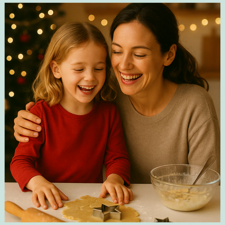 Mutter backt mit Tochter Plätzchen beide lachen, Weihnachten